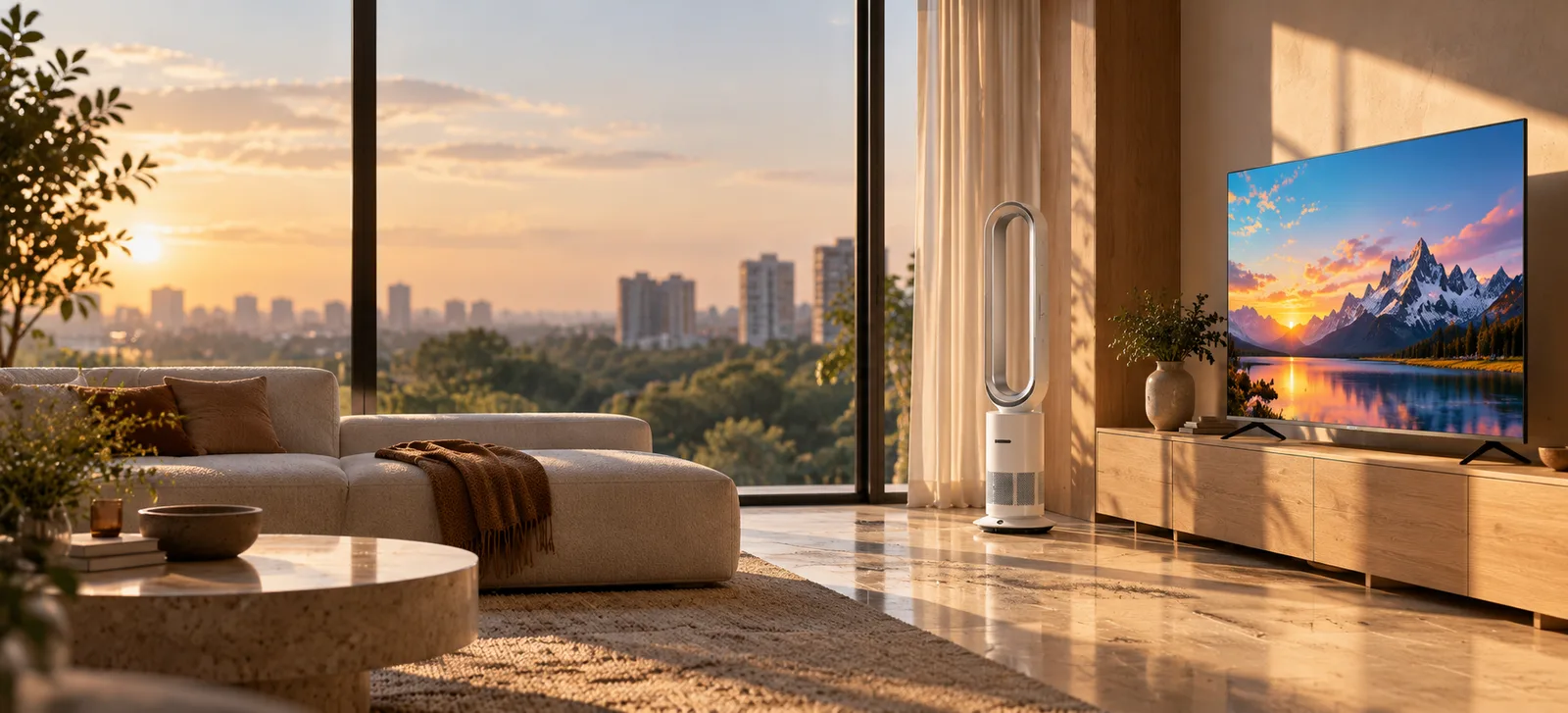 A Daewoo smart TV in a sunlit living room